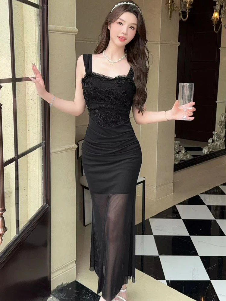 2025 Nuovo verde maglia patchwork pizzo jacquard abito lungo donna elegante fionda abito sexy estate coreano aderente abito da sera di lusso