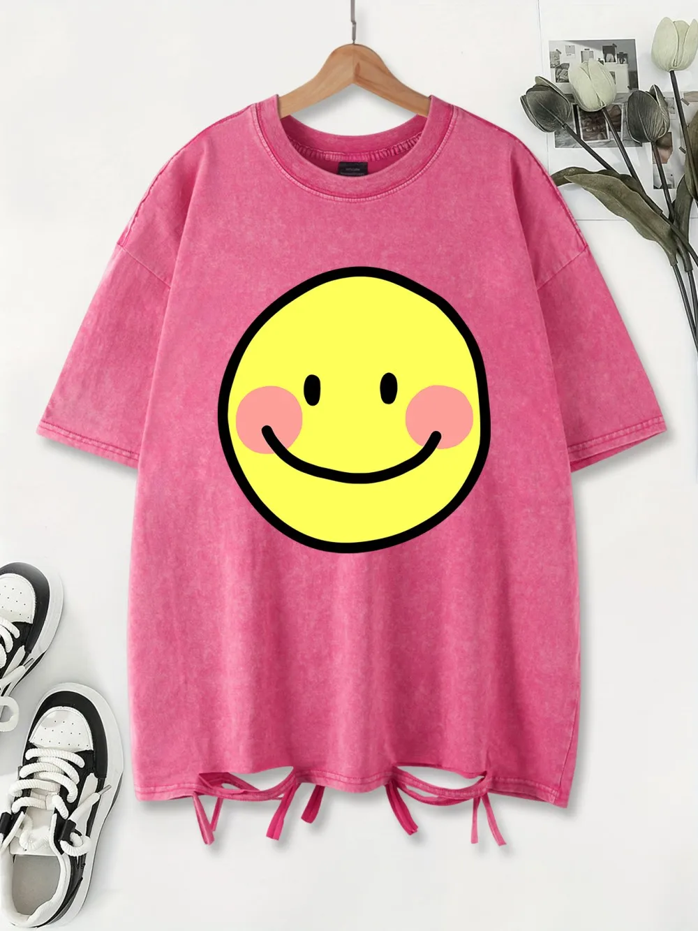 Gelb Lächelndes Gesicht Druck Gewaschen T Shirts Frauen Baumwolle T-Shirt Distressed Oversize Oansatz Tops Sommer Casual Frau Kleidung