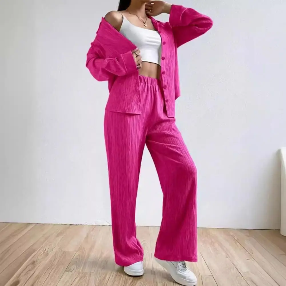 Women Solid Color Suit Stylish Women's Shirt Pants Set with Loose Lapel Blouse Wide Leg Trousers Chic Daily Wear for Fashionable