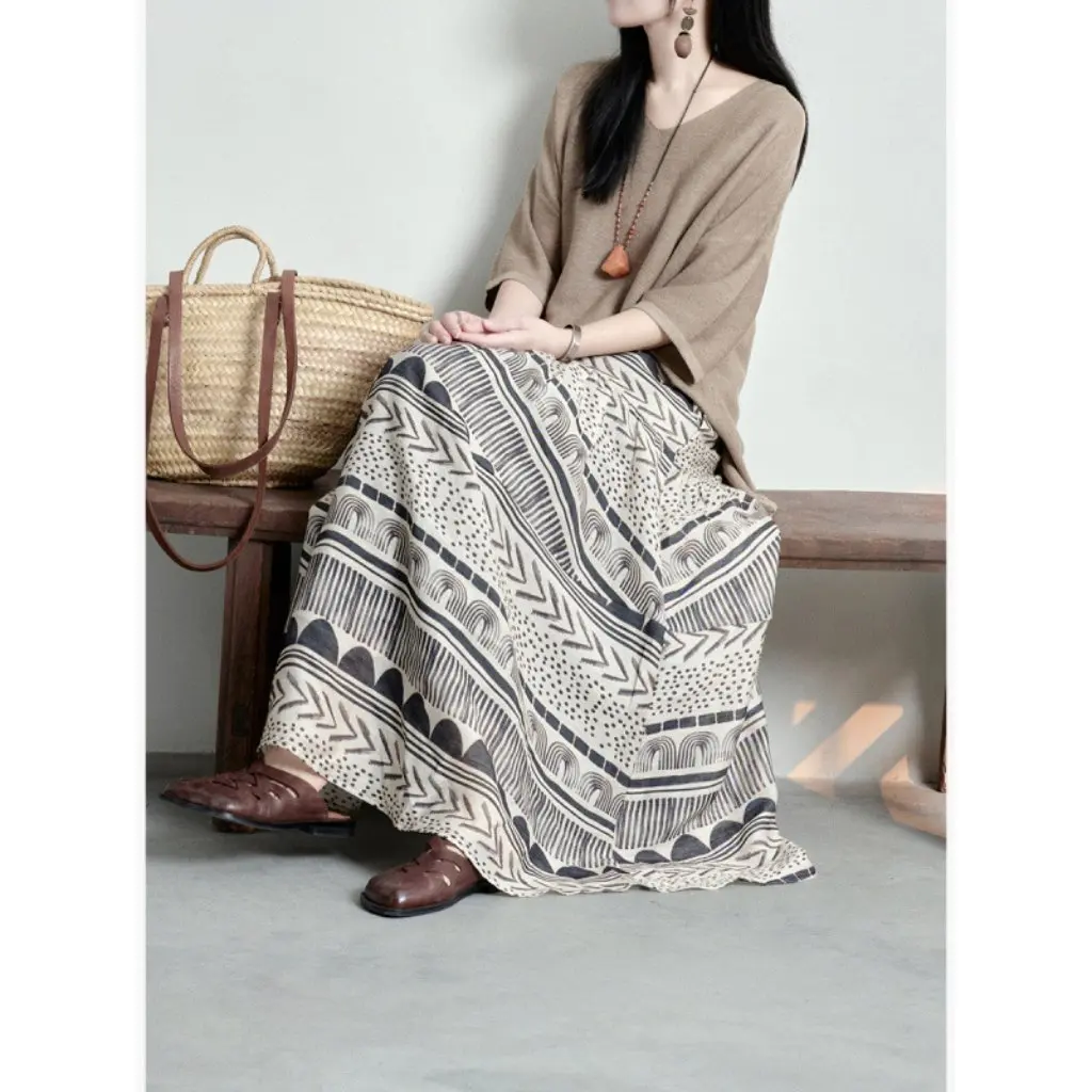 

Bohemian Cotton Linen Umbrella Skirt Original Design Literary Elegant Women's Half Skirt Fashionable Spring Autumn Wear