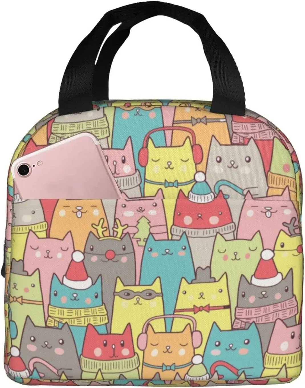 Cute Cat Lunch Warmer Bag Portable Reusable Ice Bag Colorful Cat Cat Head Theme with Zipper and Front Pocket Ladies Men