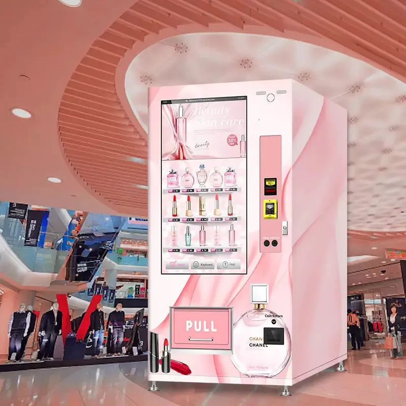 50 นิ้ว Touch Screen แก้วขวดเครื่องหยอดเหรียญลิฟท์น้ําหอมเล็บลิปสติก Eyelash Beauty เครื่องสําอาง VendingMachine