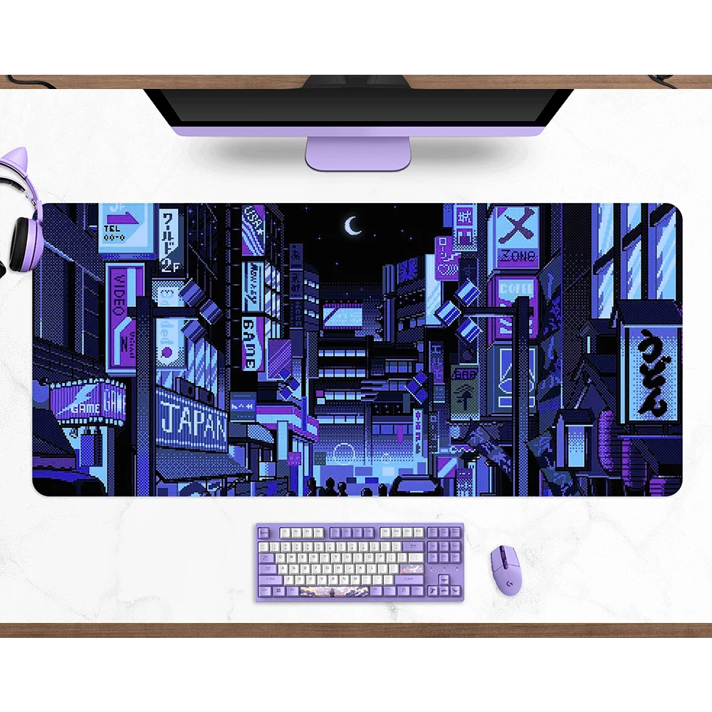 Imagem -03 - Anime Retro Gaming Mouse Pad Neon Tokyo Street Pixel Art Roxo Japonês Skyline Cidade Tapete de Mesa Vários Tamanhos xl