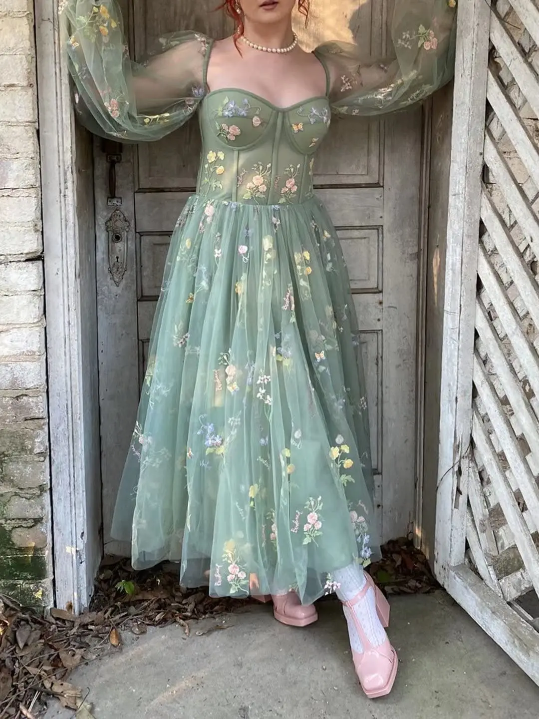 Romantische Vintage Groene Prom Jurk Prinses Bladerdeeg Lange Mouwen Bloemen Borduren Vrouwen Avondjurk Cocktail Meisjes Verjaardag Outfit