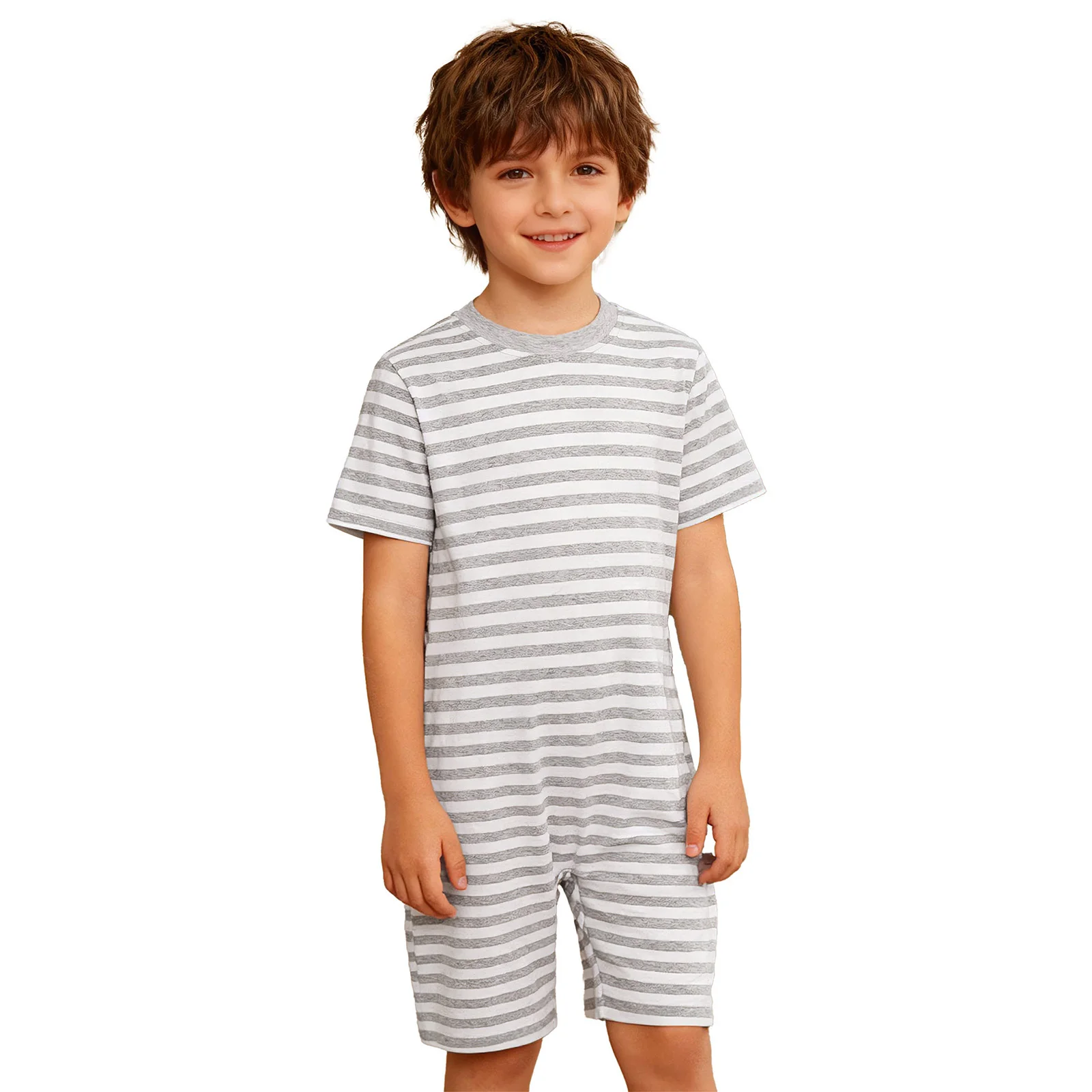 ملابس أطفال بنين بنات ذات احتياجات خاصة، ملابس قطنية ناعمة بأكمام قصيرة وطول الفخذ ومضادة للشريط وسحاب مخطط #1