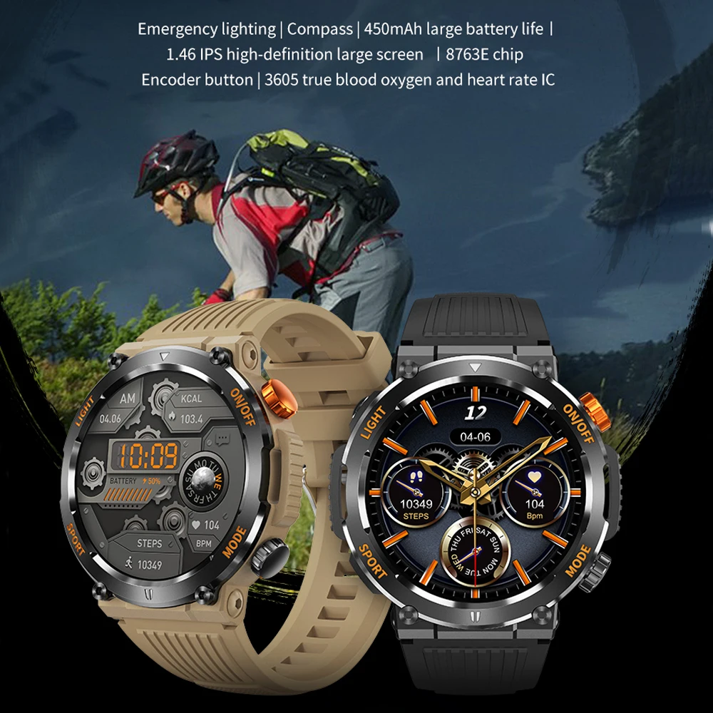 New GPS Track Smartwatch Men Outdoor Emergency Light IP67 Waterproof 1.46 Inch Screen Sports Fitness Bluetooth Call Smart Watch