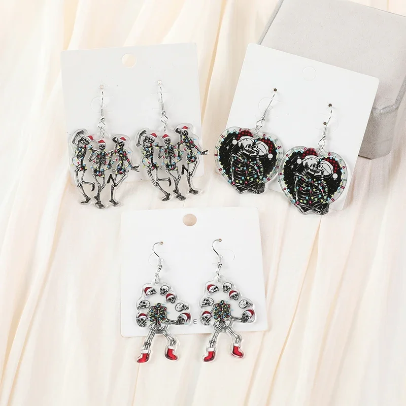 1Pair Christmas Drop Earrings Creative Acrylic Skull Lover For Woman Girl Holiday Birthday Gift