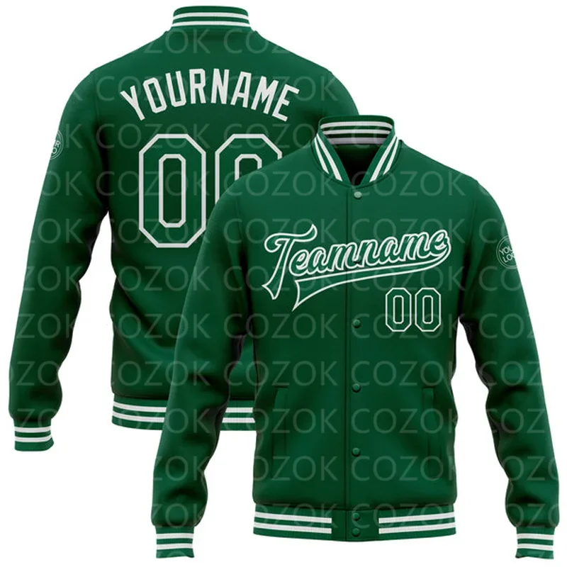 Custom Green Gray 3D Printed Baseball Button Jacket Bomber Full-Snap Varsity Letterman Jacket