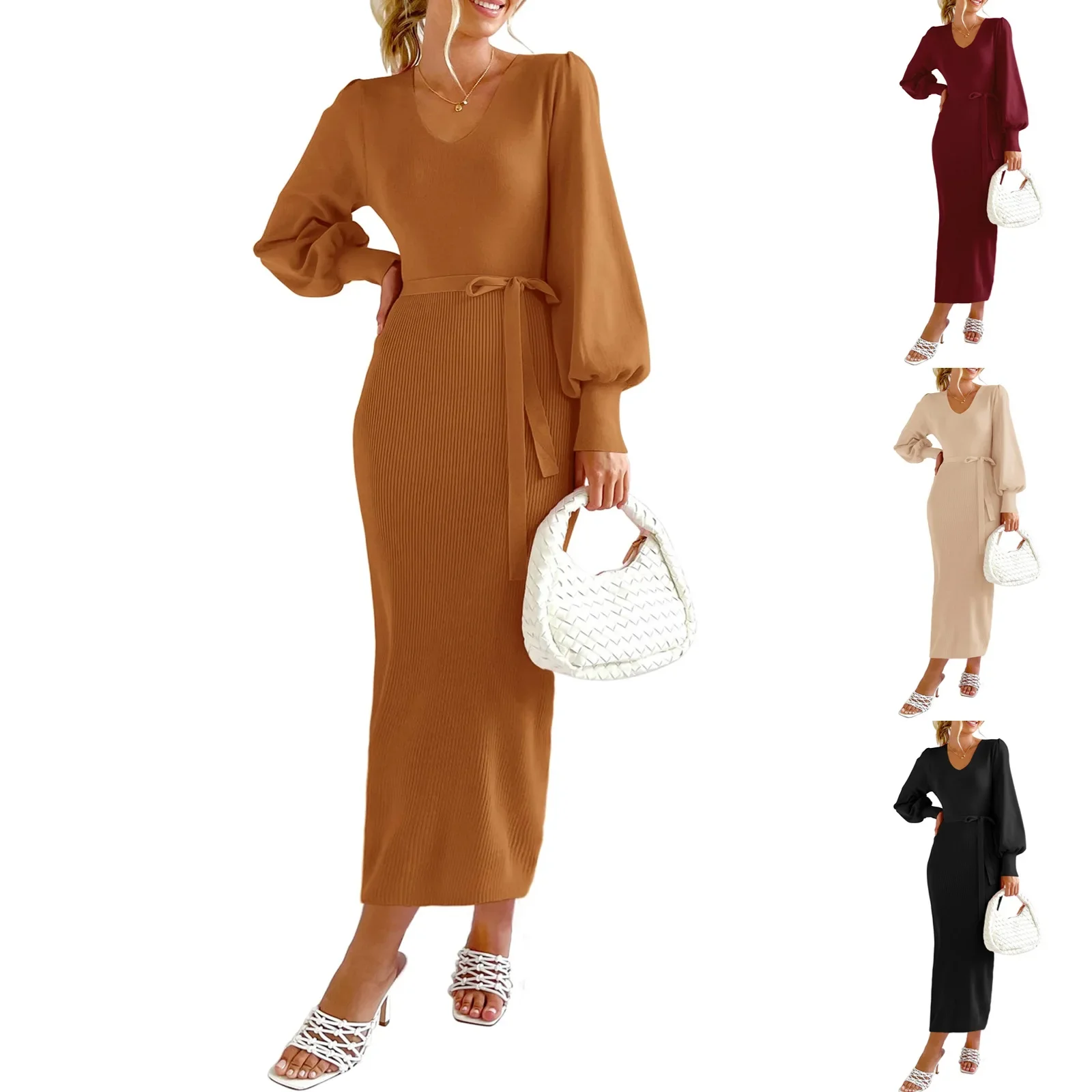 

Women's 2023 Fall Knit Pullover Sweater Elegant Long Lantern Sleeve V Neck Maxi Dress