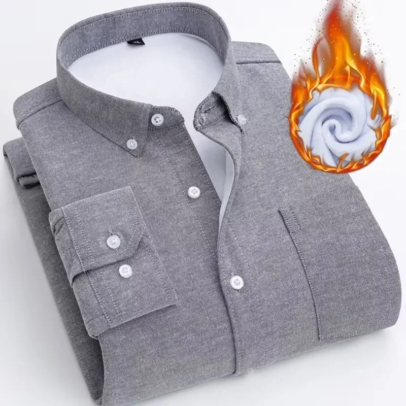 Versatile Oxford Cloth Men's Long Sleeve Fleece-lined Shirt Autumn/winter Warm Business Matching Jacket