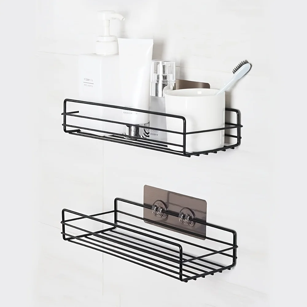 1pc Adhesive Shower Organizer Basket Rack With 2 Hooks No Drilling Large Capacity Rustproof Stainless Steel Bathroom Holder