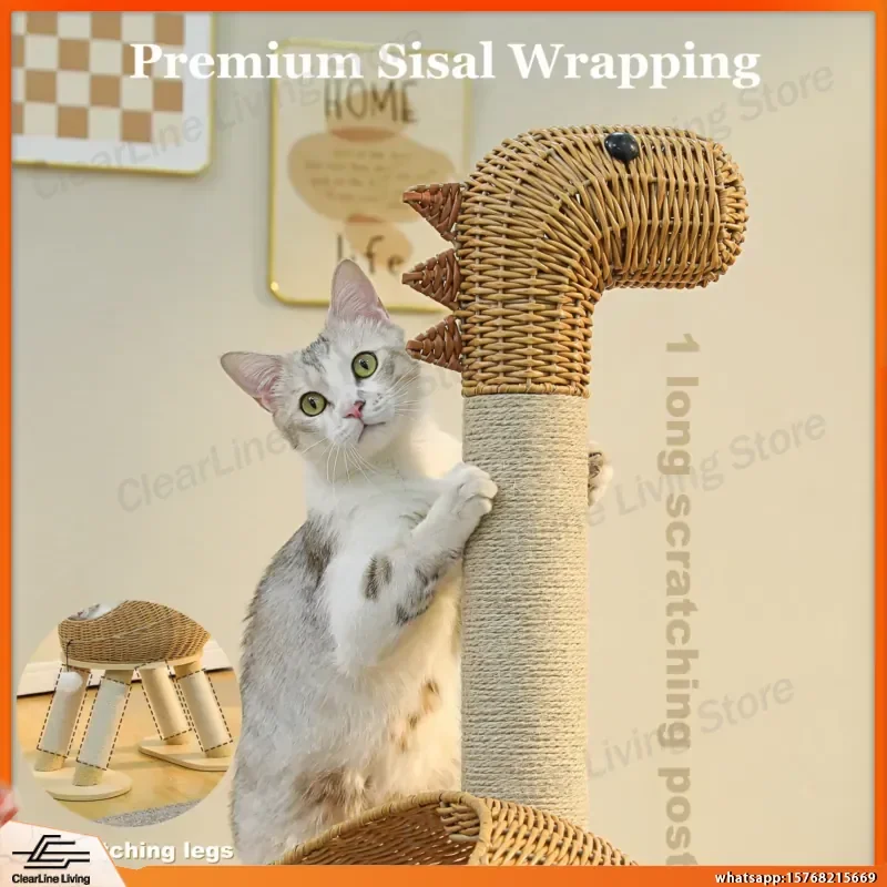Dinosaur Cat Tree Tower with Sisal Scratching Post Rattan Cat Condo Indoor Wicker Cat Bed Removable Mat Hanging Toys for
