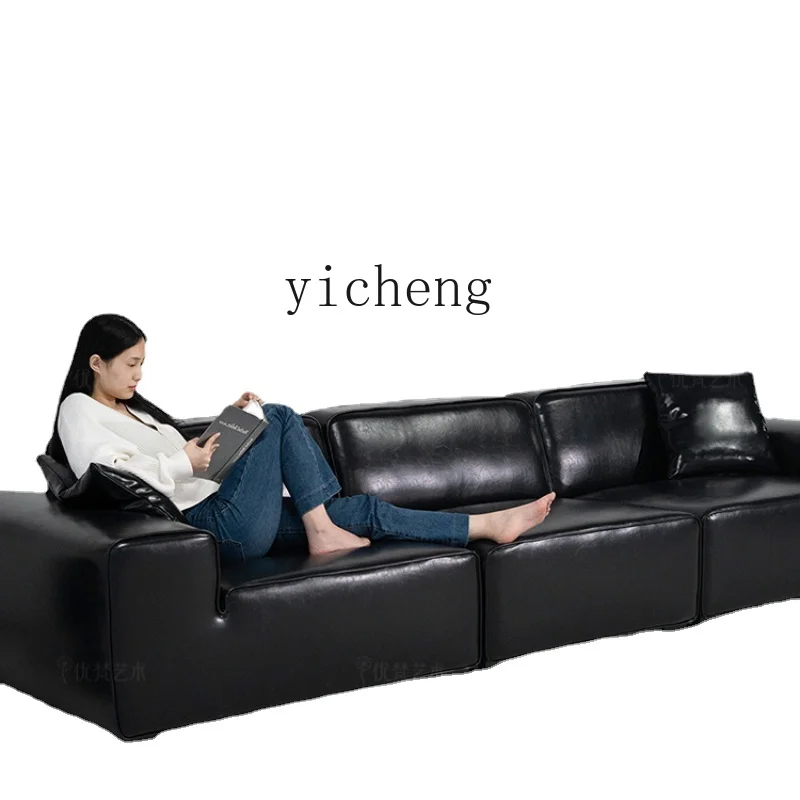 Zk Leather Sofa  Minimalist Black Tofu Block Straight Row Sofa