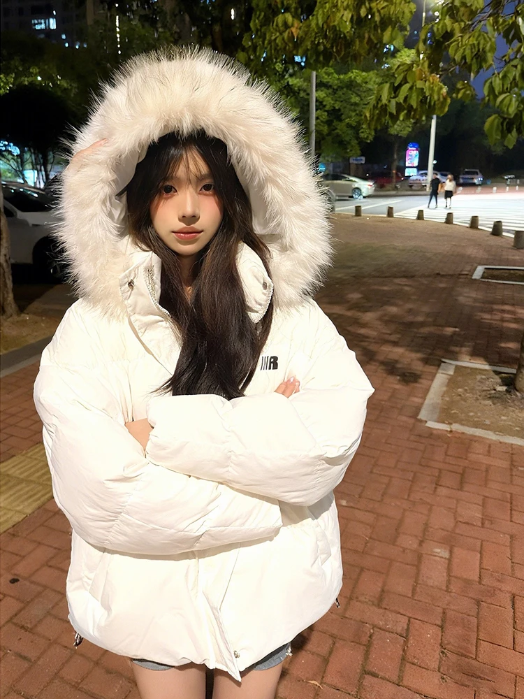 معطف أبيض بياقة من الفرو قابل للفصل بغطاء للرأس من القطن Jaet للسيدات شتوي كوري فضفاض معطف قطني للخبز الدافئ #2