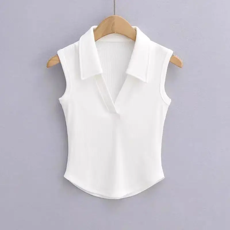 Simple solid color polo collar sleeveless T-shirt women's summer new lapel solid color curved vest slim and slim short top