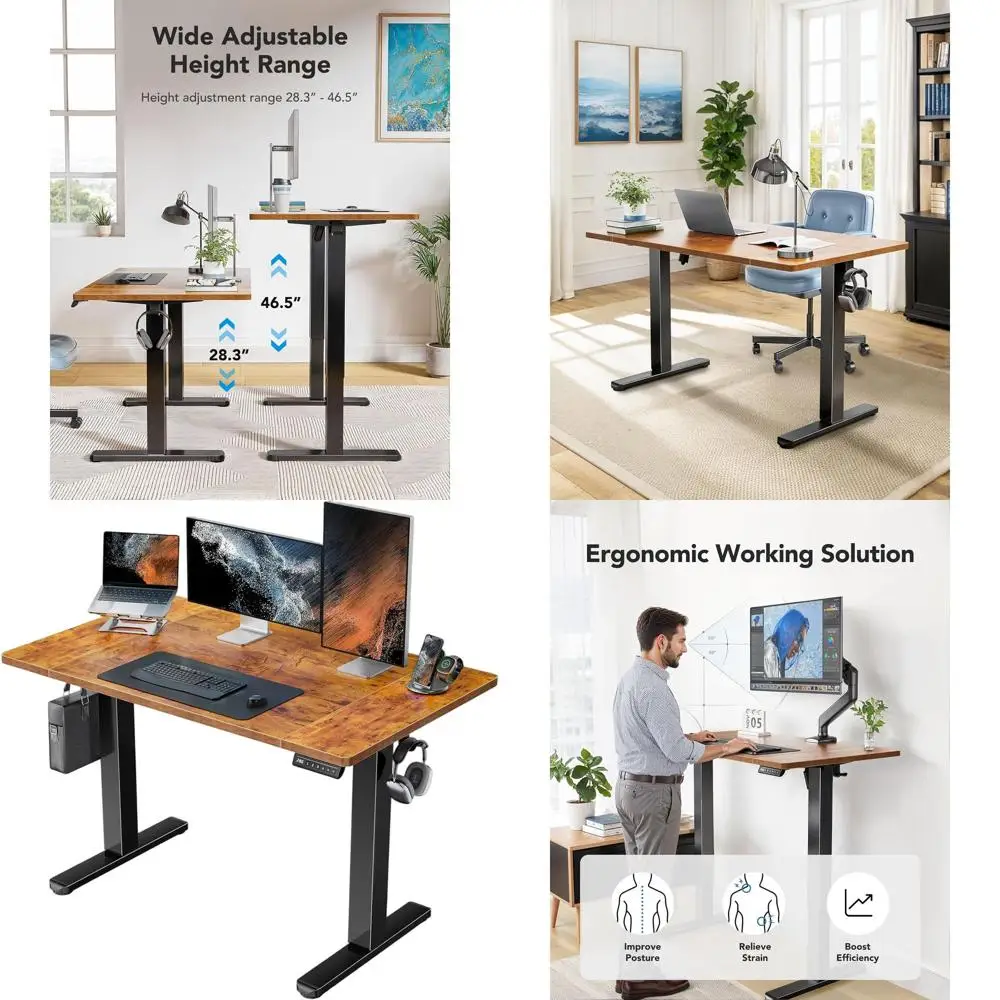 

Vintage Brown 48x24 Electric Height-Adjustable Desk with Peg Hooks and Cable Management for Home Office