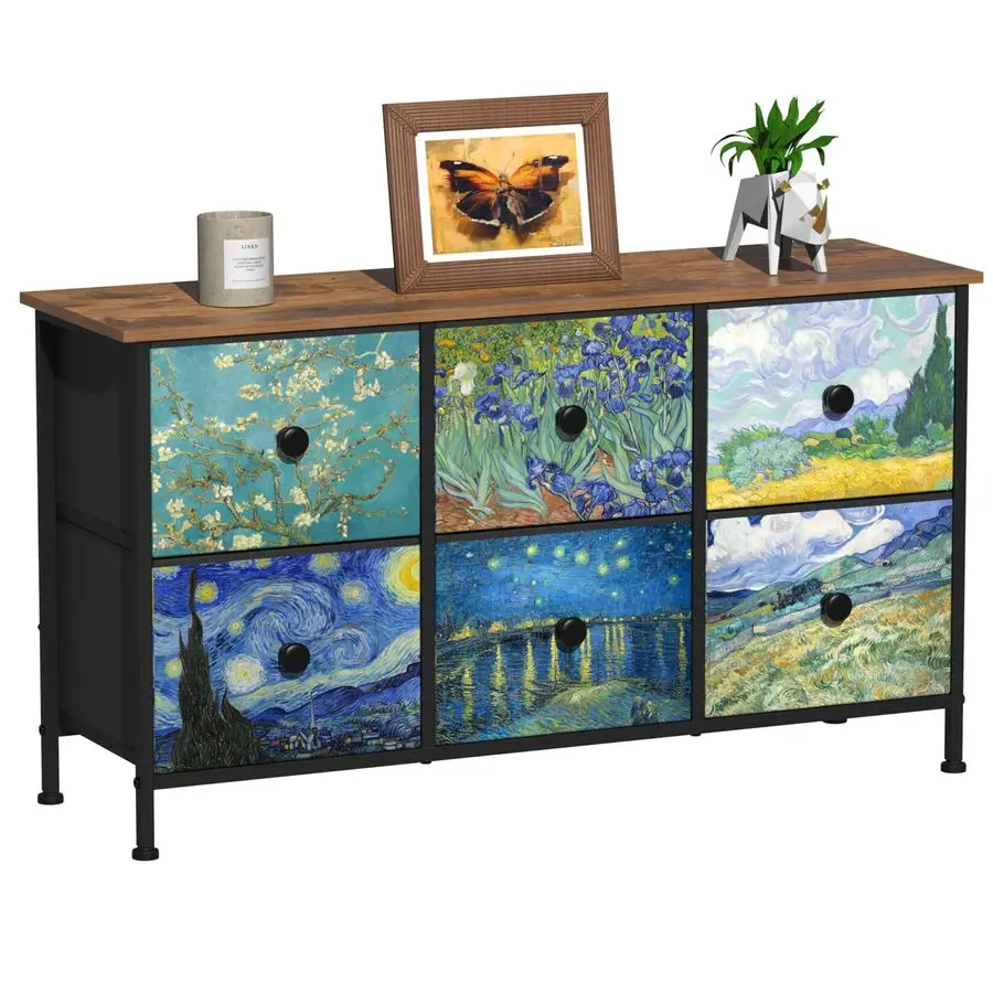 

6 Drawer Dresser for Bedroom Van Gogh Chest of Drawers Wide TV Stands Fabric Storage Drawer Unit for Living Room Entryway Close