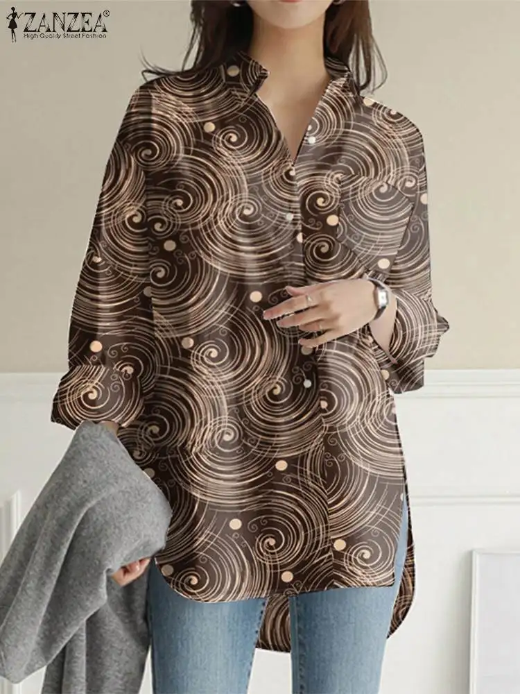 

ZANZEA Summer Fashion Lapel Neck Print Shirt Women Korean Buttons Pockets Long Shirt 2024 Holiday Tops Elegant Long Sleeve Tunic