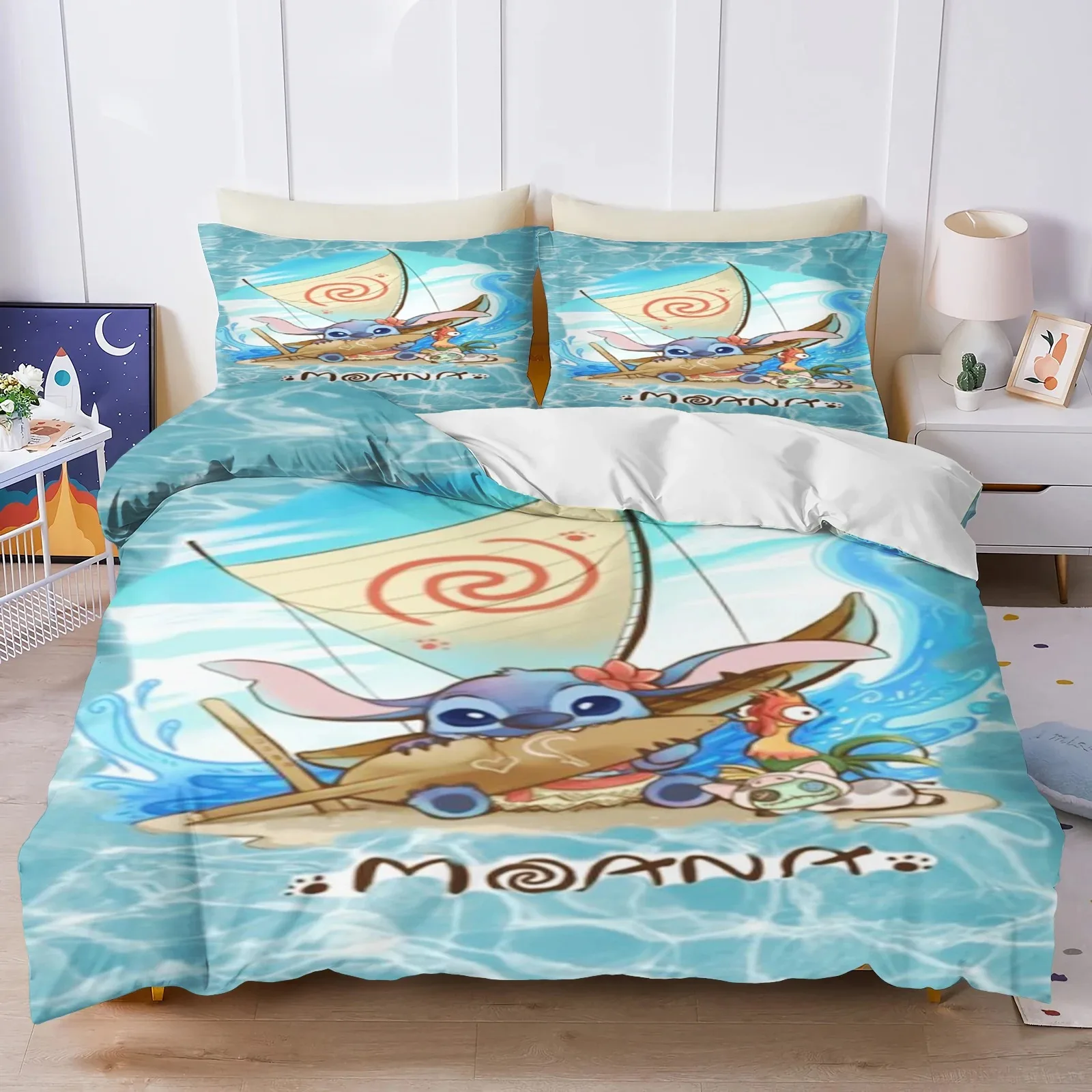 Boy & Girl Stitch Cartoon Printed Bedding Set, Disney Cute Pattern Duvet Cover Pillowcase Kids Home Bedroom Bedding