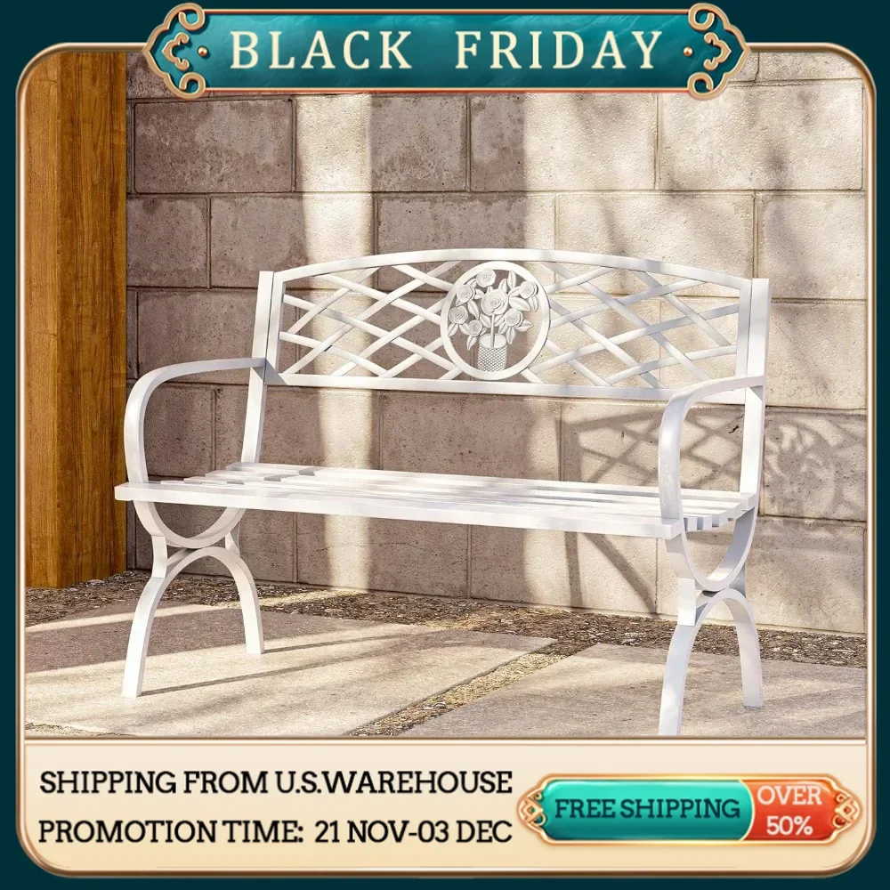 50 inch Outdoor Garden Bench, Cast Iron Metal Loveseat Chairs for Park, Yard, Porch, Balcony, Backyard, Patio Seat Furniture