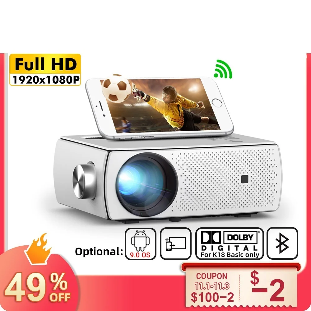 New K18 Full HD 1920x1080 LCD Smart Android WIFI LED Video Home Theater Portable Mini Projector 4K 1080P for Smartphone