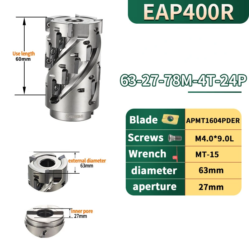 

EAP 400R BAP400R 50mm 63mm Rough Cutting Straight Shank Spiral Corn Milling Cutter Head for APMT1604 Carbide Insert Lathe tools