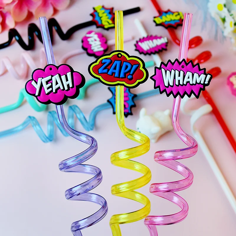 10-pack of decorative spiral straws. Reusable. Perfect for birthdays, bars, weddings, parties, and other occasions.