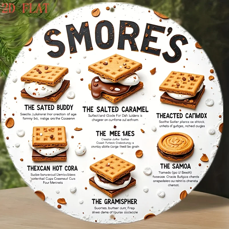 Letrero de menú plano 2D, 1 unidad, S'mores, decoración redonda de Metal para postre y fogata de 8 pulgadas con galletas de Graham, Chocolate, malvavisco