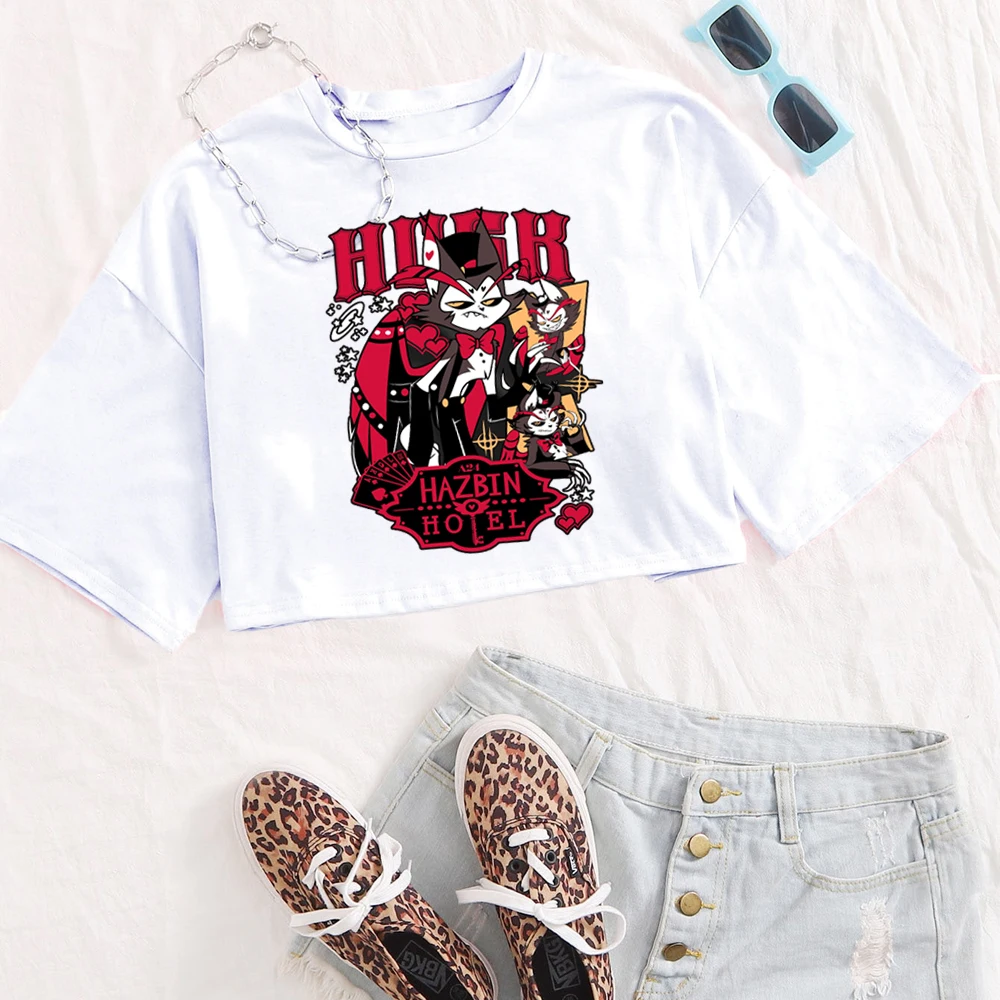Koszulka Hazbin Hotel Husk Damska Krótki Rękaw Okrągły Dekolt Krótki Top T-shirt