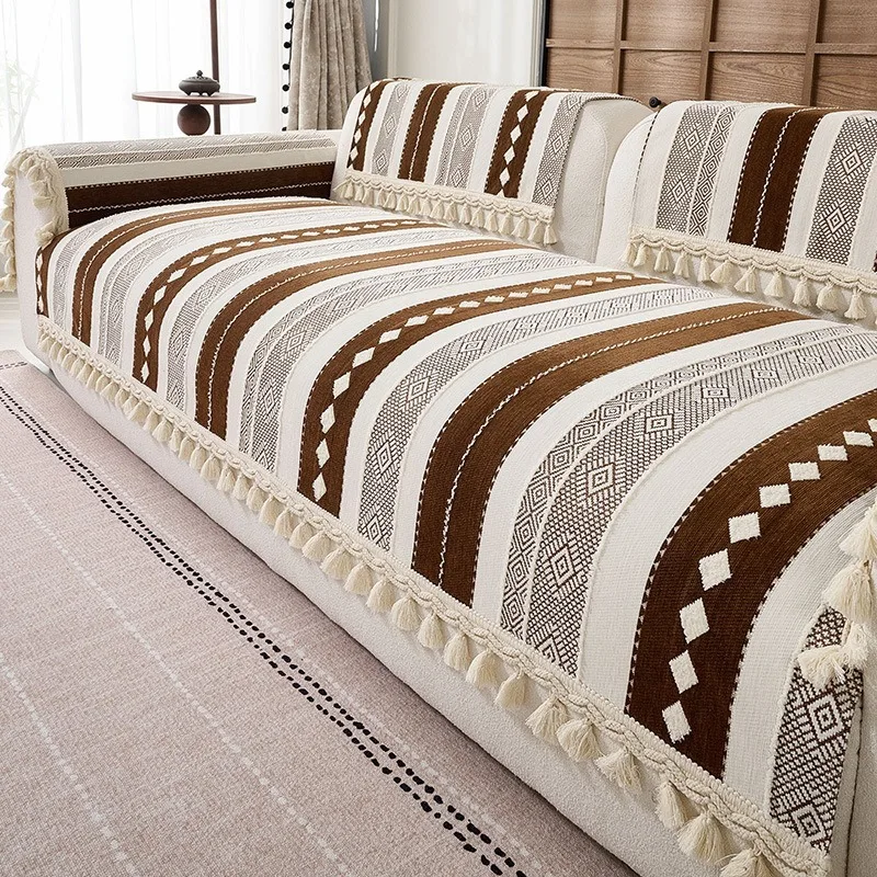 2026 New Bohemian Tassel Chenille Sofa Cushion Non Slip Cat Scratch Resistant Seat Pad Multi Color Multi Size Home Living Room