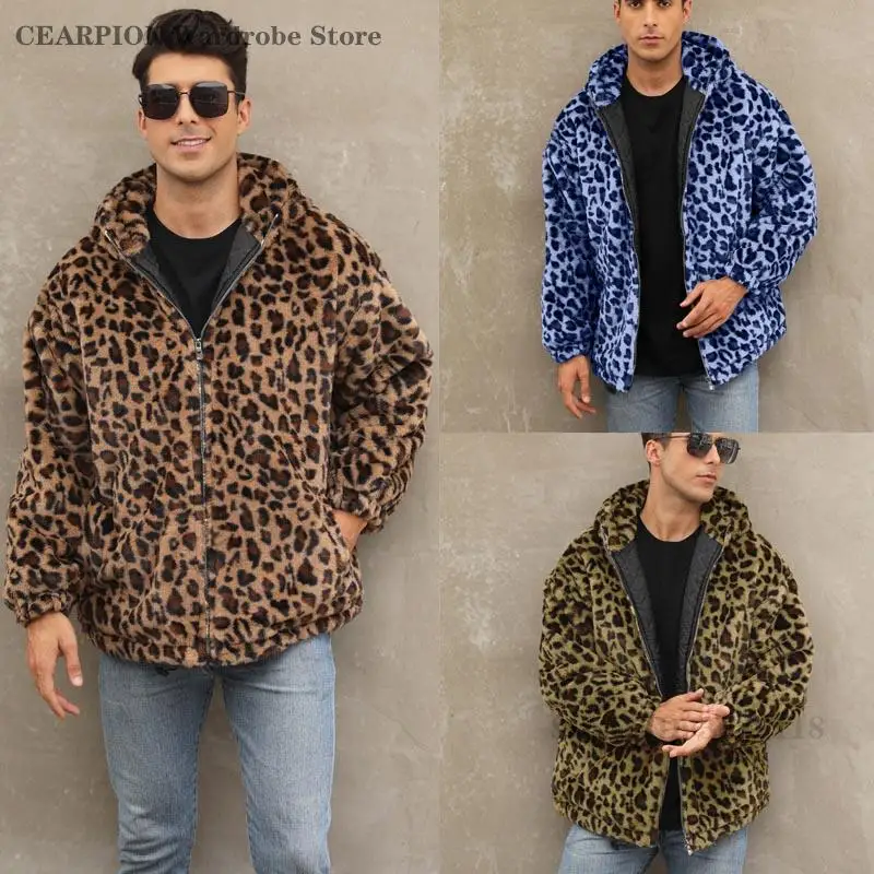 

Зимняя куртка с леопардовым принтом из искусственного меха, утепленные пальто, мужская модная повседневная верхняя одежда на молнии, свободные куртки с длинными рукавами