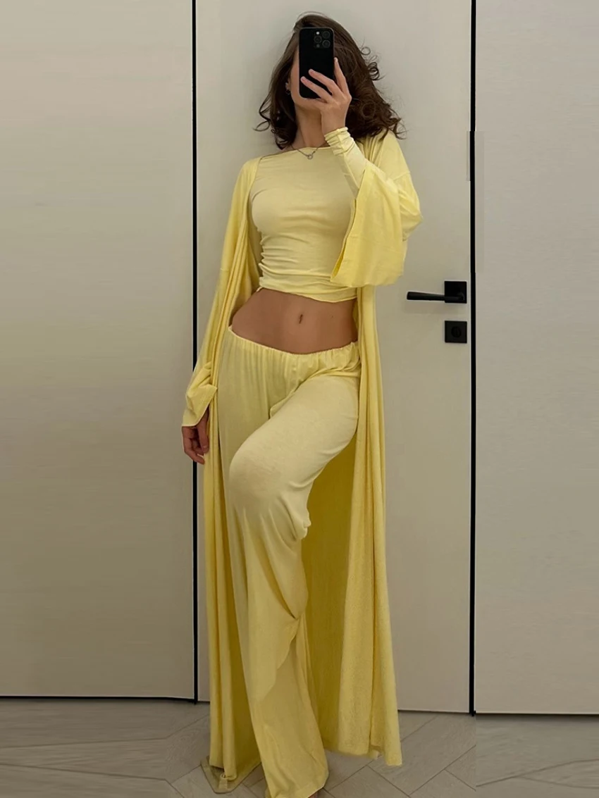 

Parc Fee Fashion Loose Yellow Knitted 3 Piece Set Women Elegant Long Sleeve Robes + Tops With High Waist Wide Pants Set Female