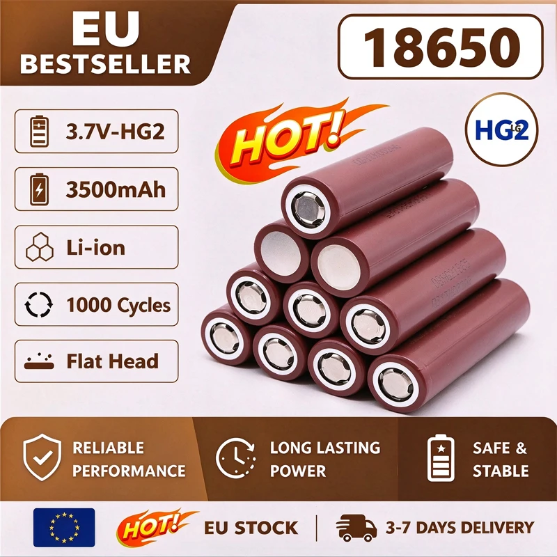 Batteria ricaricabile 18650 3,7V 3500mAh 20A a superficie piatta, batteria agli ioni di litio ad alta capacità di scarica per HG2, spedizione rapida in UE