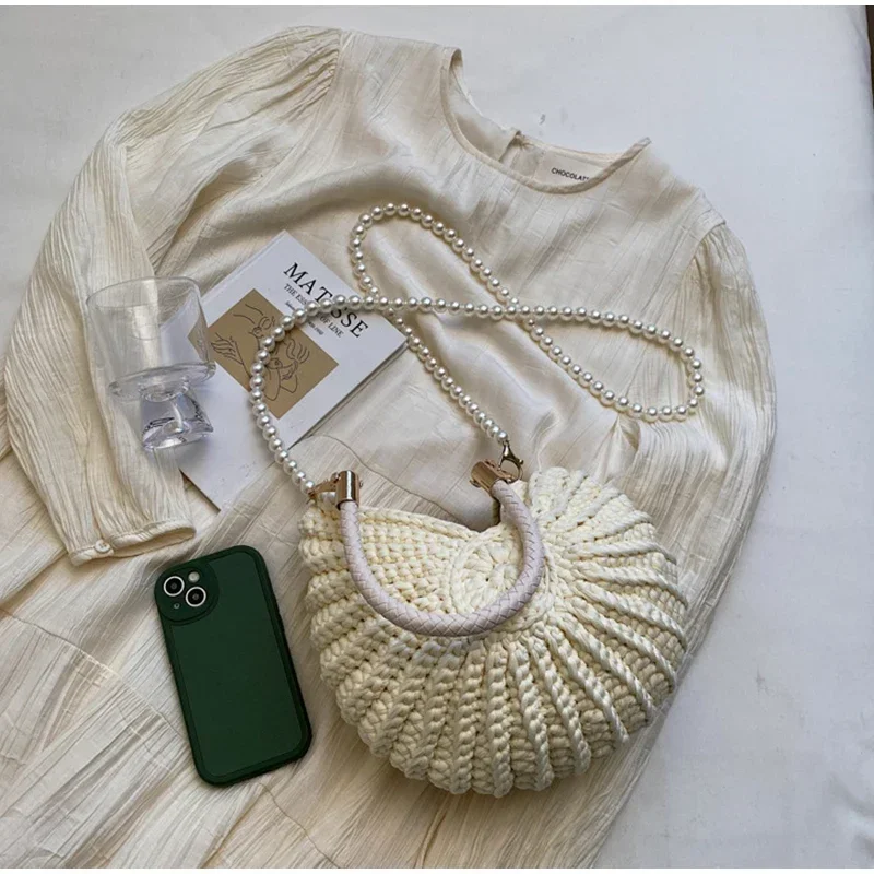 Conch Shell Knit Crochet Umhängetasche, Perlenkette, handgefertigte gewebte Damen-Umhängetasche, elegante, zarte, süße, kompakte Geldbörse – Detail 7