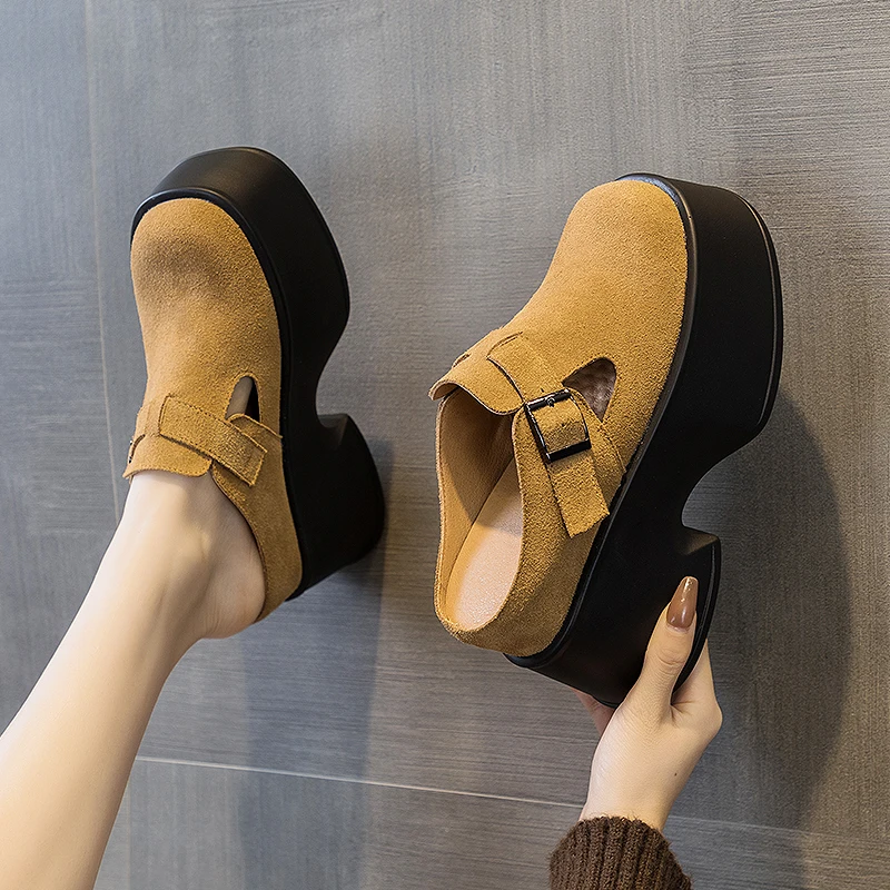DIMANYU Women Half Sippers Platform 2024 Spring High-heel Retro Women\'s Loafers Casual Genuine Leather Suede Mules For Ladies