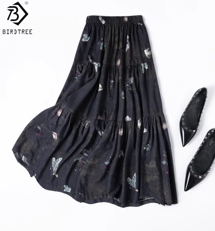 

Birdtree 70% Mulberry Silk 30% Cotton Butterfly Print Skirt,Women Silk Blend Elastic Waist Elegant Pocket Beach Dress D59202JF