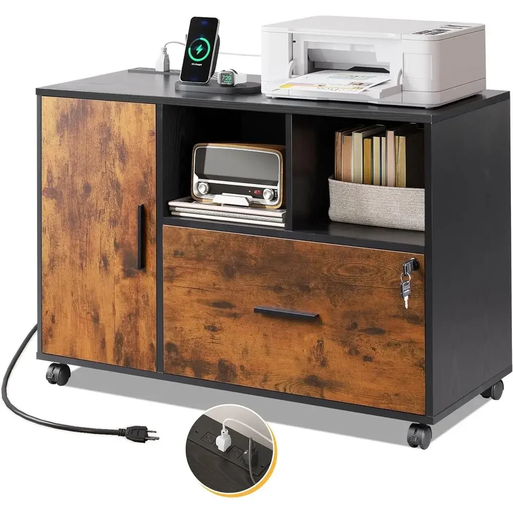 Portable Charging Station Cabinet, Rolling Storage Cabinet, Secure Filing Cabinet for Home Office, Wooden Printer Stand with Rus