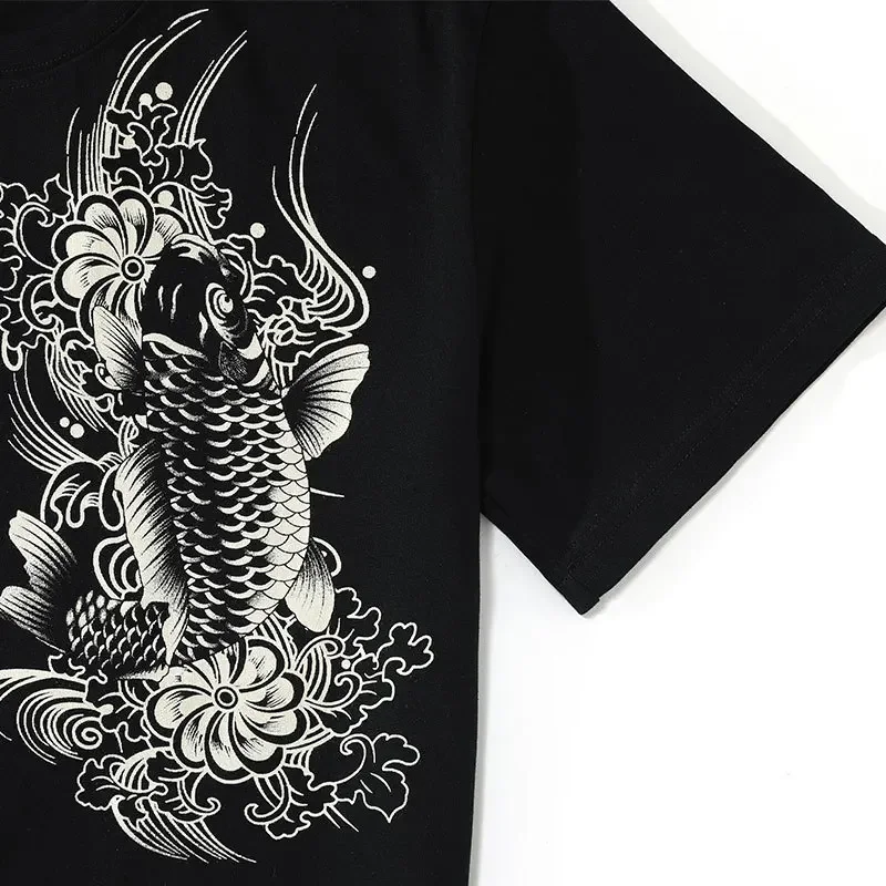 Lyprerazy Chinese Style T Shirt Wave Flower Carp fish Dragon Embroidery Tops Tees Streetwear Cotton Hip Hop Print T-Shirt