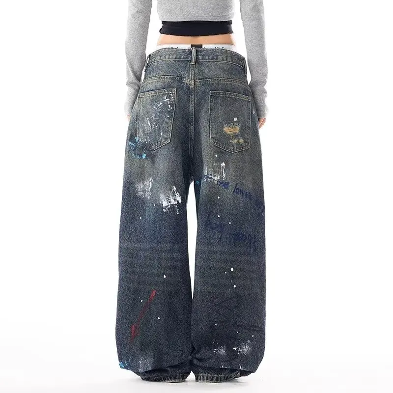 2025 Trashy Y2K Fashion Vintage Blue Graffit Baggy Ripped Jeans Pants For Women Clothing Wide Leg Lady Denim Trousers Ropa Mujer