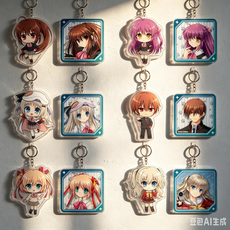 Anime Charlotte Little Busters! Porte-clés pendentifs en acrylique de 6 cm, décorations de sacs, accessoires, collection d'articles, présentoir