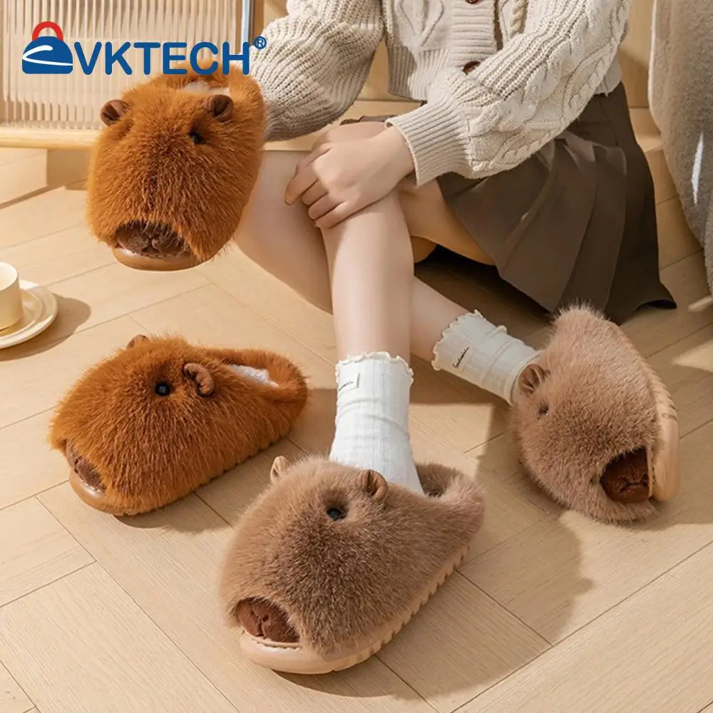 Plush Capybara Slippers Thermal Home Slippers Comfortable Fuzzy Capybara Slippers Non-Slip Furry Walking Shoes for Autumn Winter