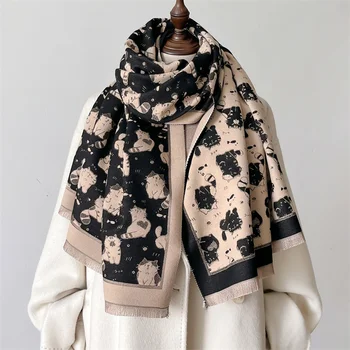 Cat Print Winter Warm Cashmere Scarf for Women Luxury Thick Blanket Shawl Wraps Pashmina Neckerchief Lady Poncho Echarpe 2024