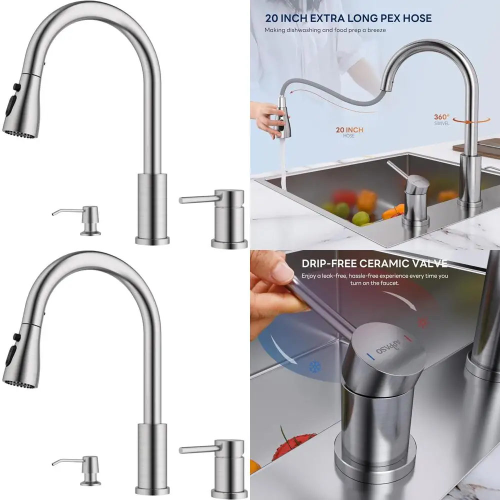 

3-Hole Pull-Down Spray Kitchen Faucet with Soap Dispenser, Brushed Nickel Finish, 3-Mode Spray, S304 Stainless Steel, High Arch