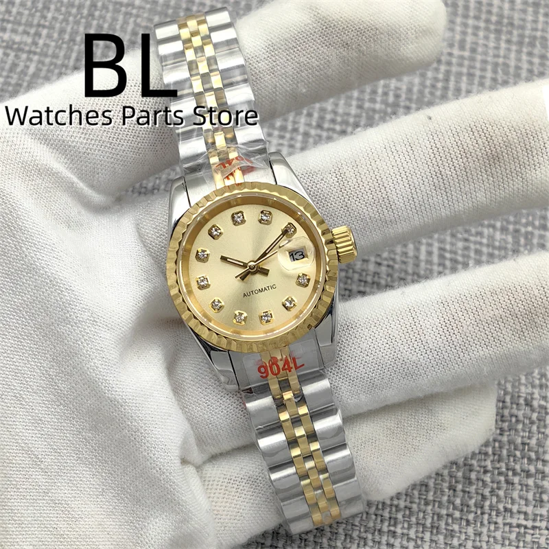 BLIGER 26mm Lady's Watch NH05 Movement Rose Gold Dial Diamond Index Fluted Bezel Two Tone Rose Gold Jubilee Band Sapphire Glass