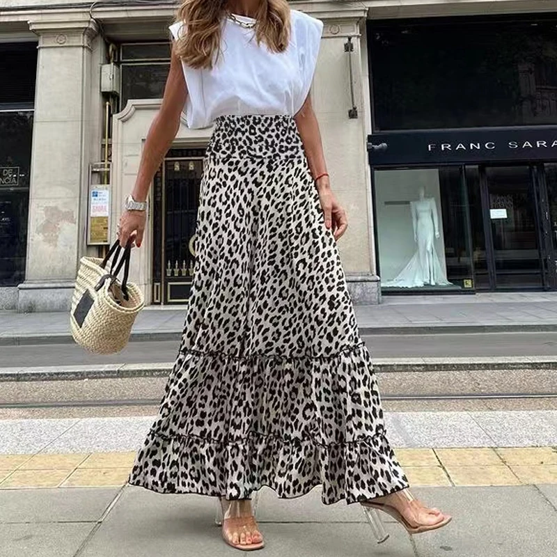 

2024 Summer Casual Sleeveless Ruffle Dress Summer Leopard Print Skirt Office Long Elastic High Waist Resort Dress