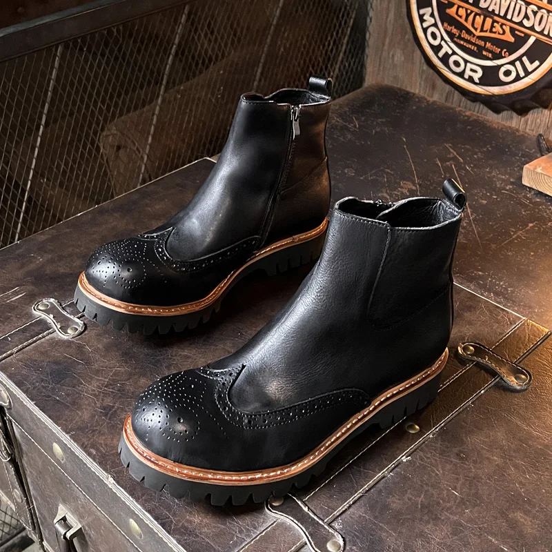 Men's Genuine Leather Motorcycle Boots British Brogue Shoes Retro High-top Round Toe Mid-calf Chelsea Boots Western Moccasin