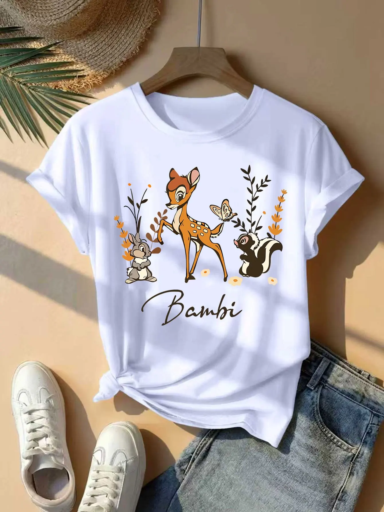 

Новая модель футболки Bambi Disney, стильная одежда, одежда на все времена года, оверсайз, унисекс, хлопковая, для пар, высокое качество, популярный товар.