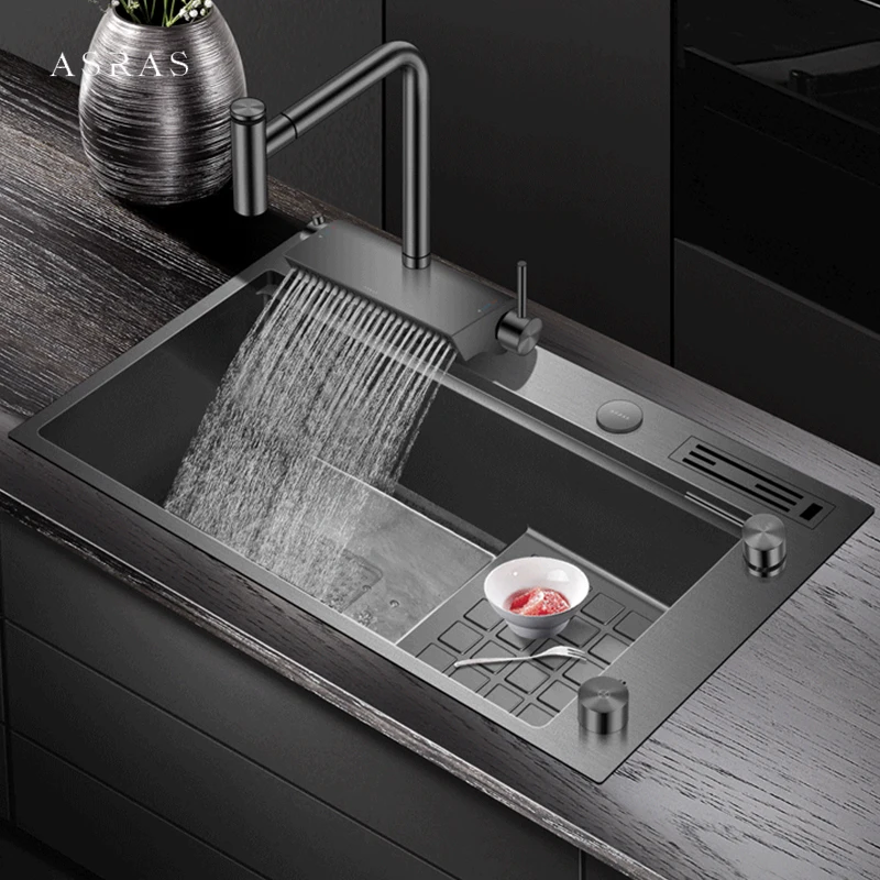 ASRAS Nanometer Step Kitchen Sink SUS 304 Stainless Steel 4mm Thickness Handmade Above Mount Waterfall Faucet Kitchen Sinks
