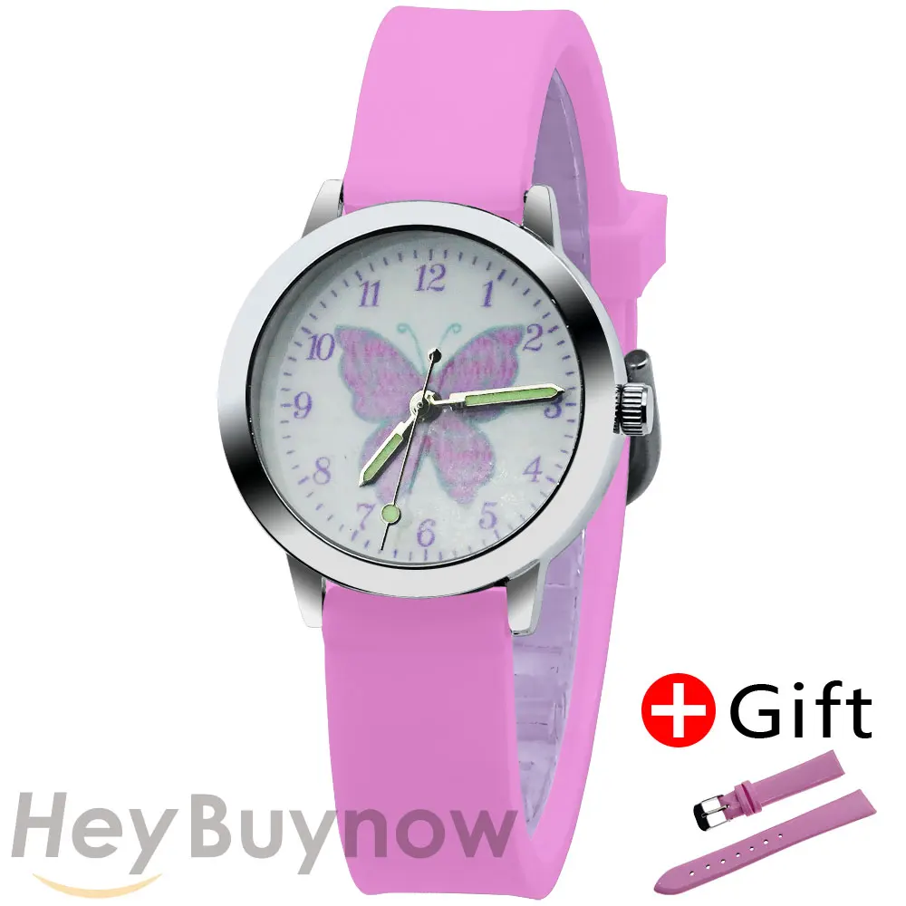 Montre à Quartz en Silicone pour fille, cadran papillon, rose, noir, brille dans la nuit, loisirs, sport, école primaire, pour enfants