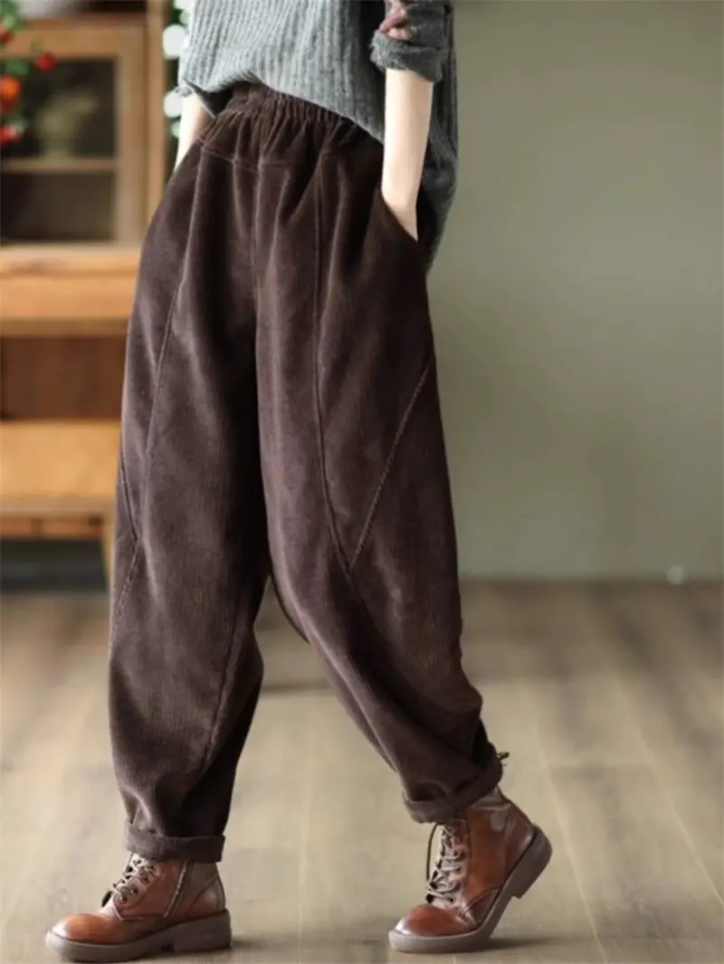 

New Vintage Cotton Corduroy Trousers For Autumn 2023 Women's Large Size Clothing Splicing Slim Casual Harem Pants Z2513